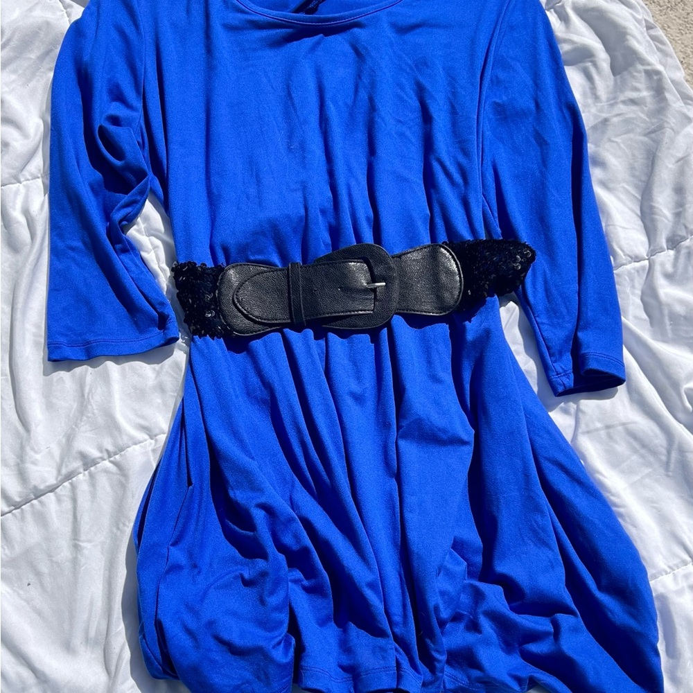 Chic Blue Mini Dress with Black Belt